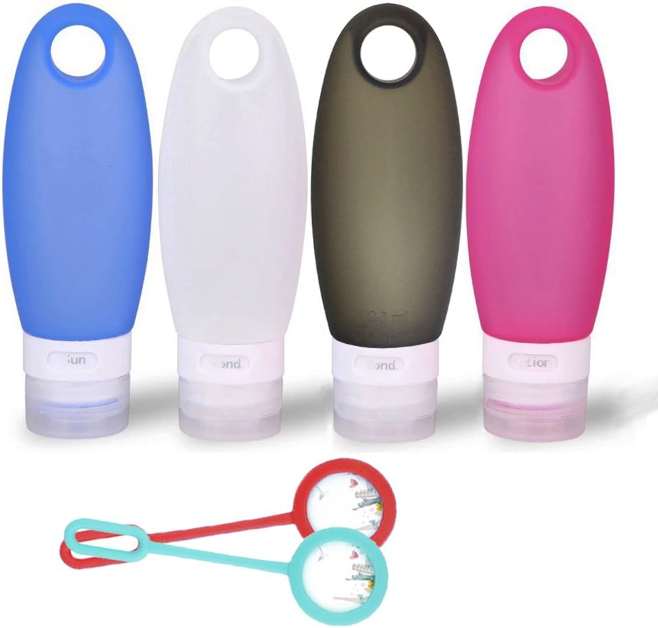 SANTREST Portable Soft Silicone Travel Bottles Set TSA Approved Carry on Shampoo Conditioner Bottle Leak Proof Design BPA Free for Cosmetics 3.3 Oz with Lanyard