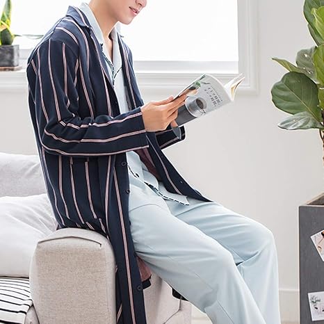 Amazon Co Jp パジャマ メンズ パジャマ綿の長袖メンズ長袖パジャマガウンカーディガンカジュアルストライプコットンバスローブ 春から冬 先まで快適なルームウェア 色 Blue Size Xxl ホーム キッチン