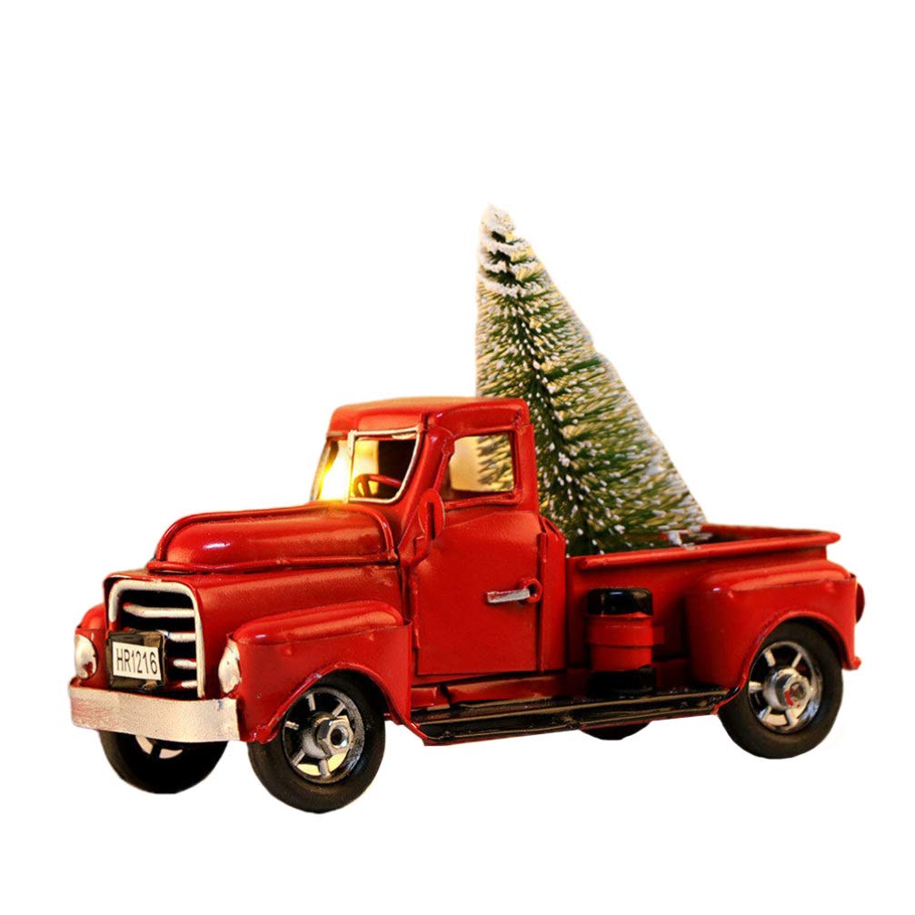 TOYANDONA Christmas Truck Model With Mini Xmas Tree Vintage Metal Car Figurine Collectible Toy Table Top Ornament For Home Wedding Centerpiece Decor Red
