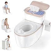 3-in-1 Toddler Potty Training Toilet with Flushing Sound, Wipes Storage & Toilet Paper Holder, Realistic Potty Chair with Detachable Seat and Easy-Clean Design for Boys & Girls Ages 18+ Months (Brown)