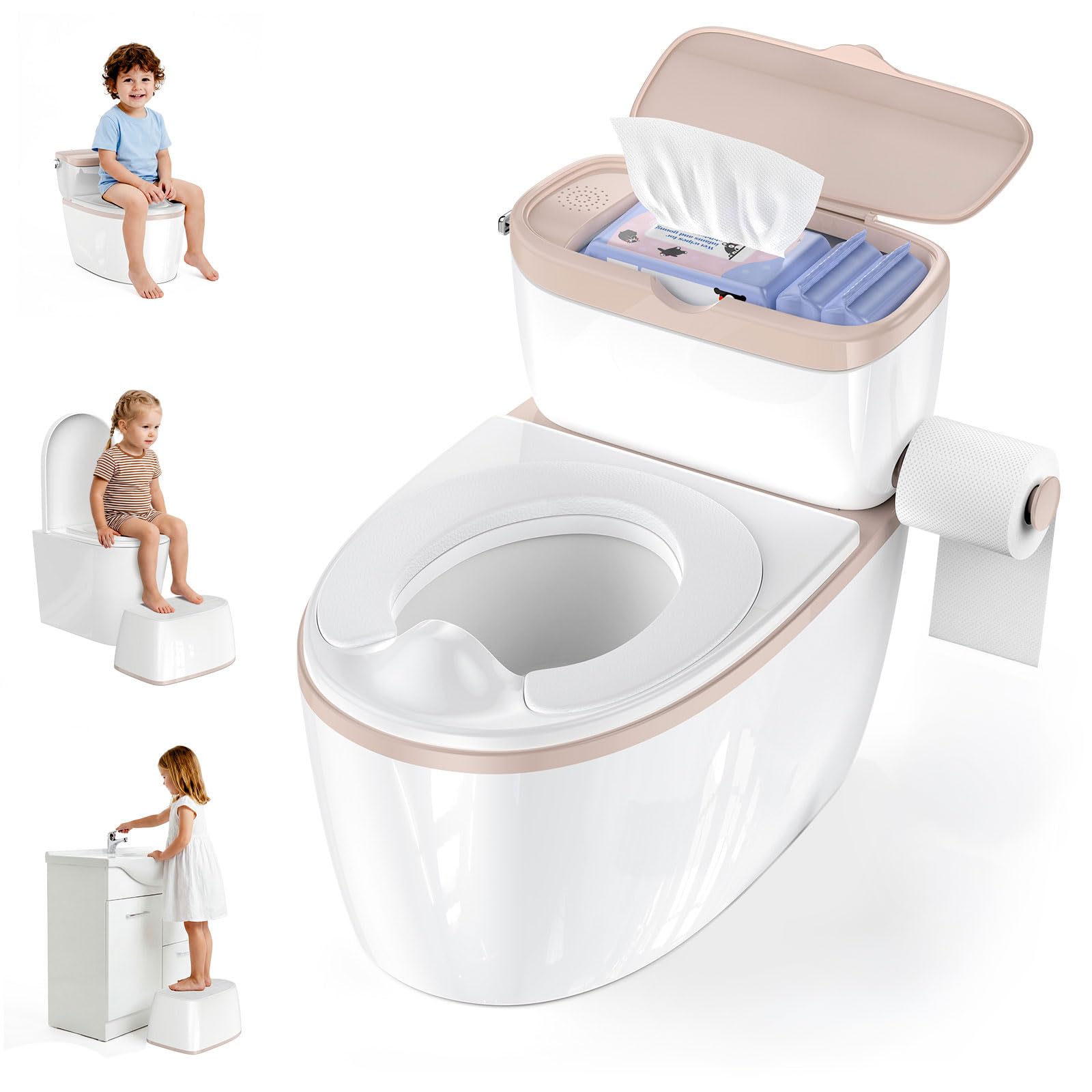 View 1 of 3-in-1 Toddler Potty Training Toilet with Flushing Sound, Wipes Storage & Toilet Paper Holder, Realistic Potty Chair with Detachable Seat and Easy-Clean Design for Boys & Girls Ages 18+ Months (Brown)