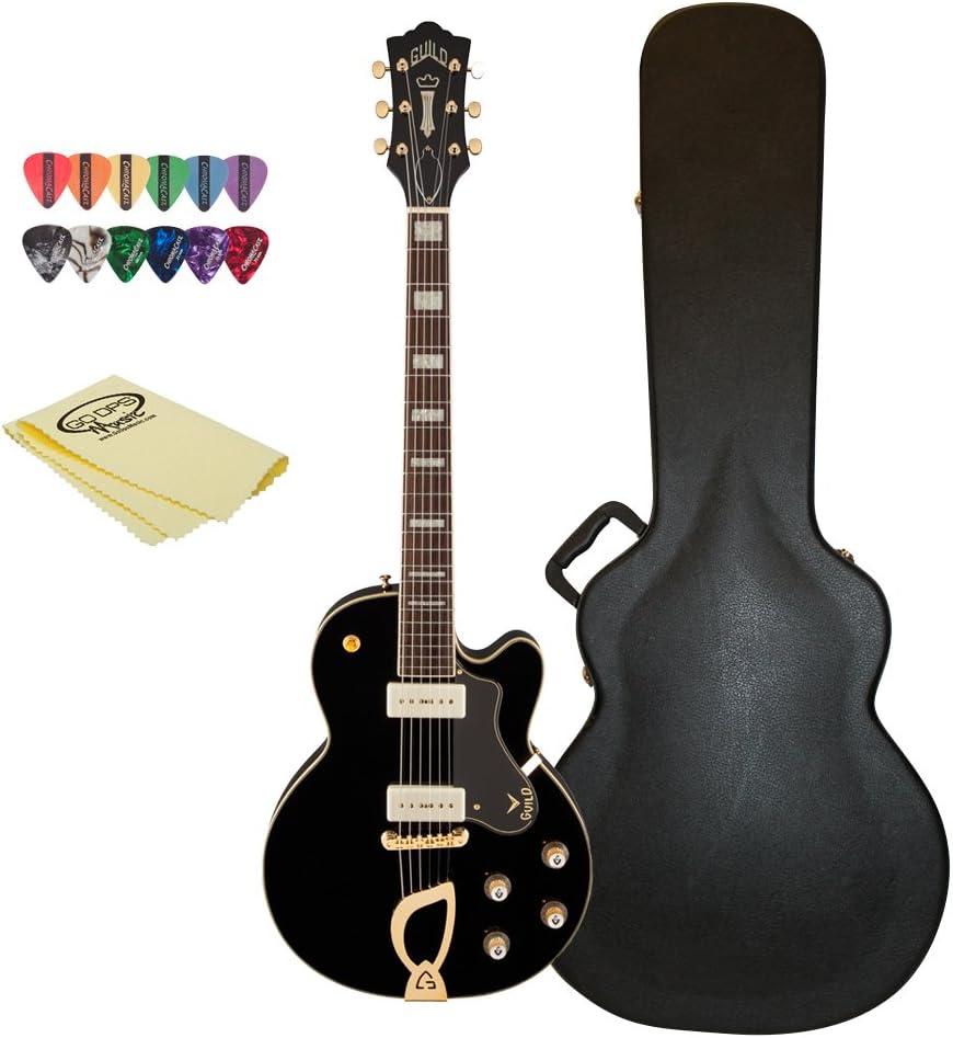 Guild M-75 Aristocrat Hollow Body Electric Guitar with Case, 12 Pick Sampler, & GoDpsMusic Polish Cloth, Black