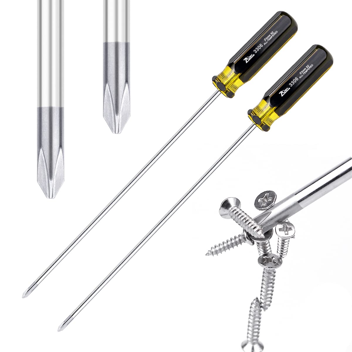 FERCAISH Slotted and Phillips Screwdriver Set - 15" Long, Cross-Head & Flat Blade, Magnetic (2PCS)