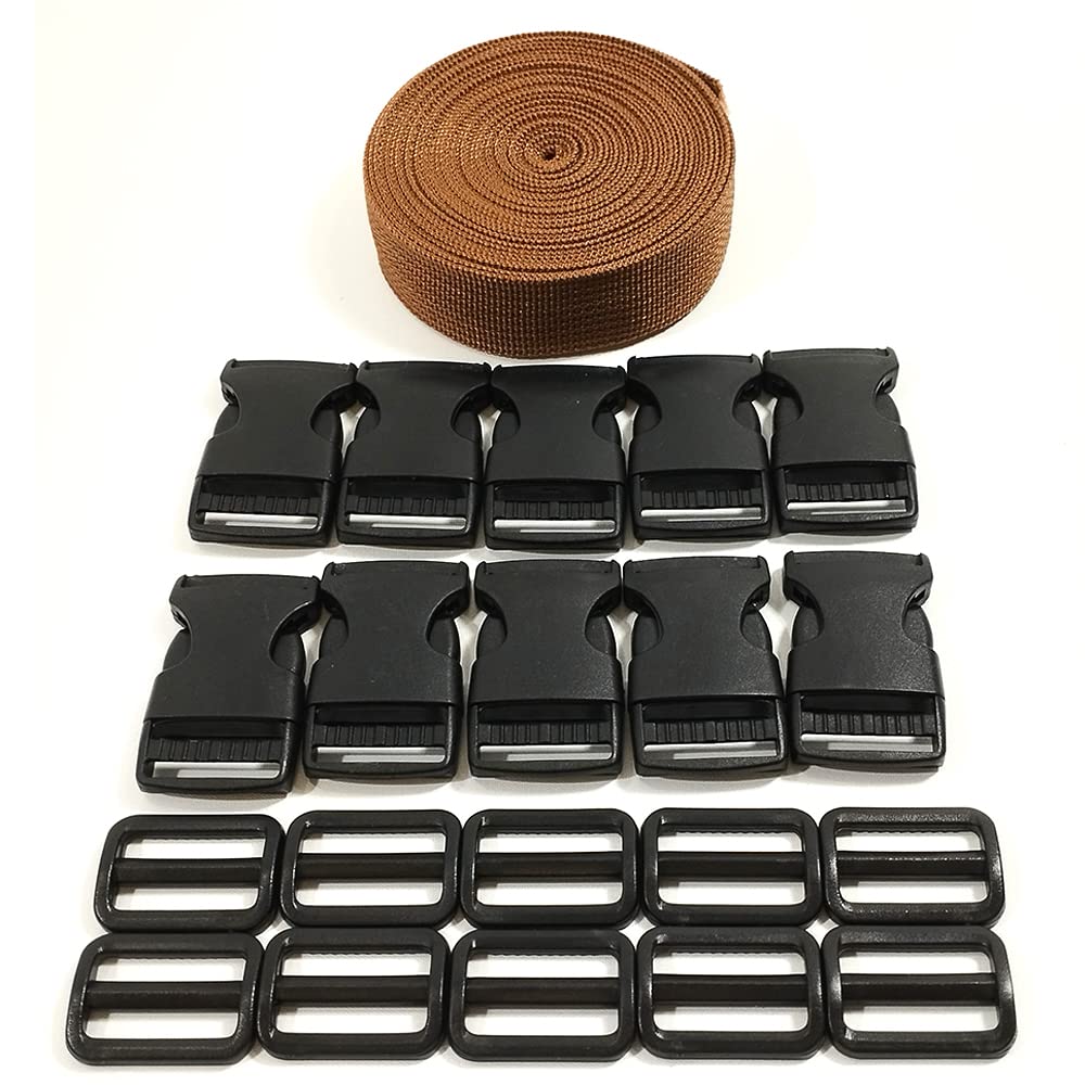 Backpack Strap (5 Meter x 38mm) + 20 Plastic Buckles Straps, Backpack Ribbon for Sewing and DIY Bags and Suitcase Luggage Straps, Brown Strap (38 MMX 5 m, 301)