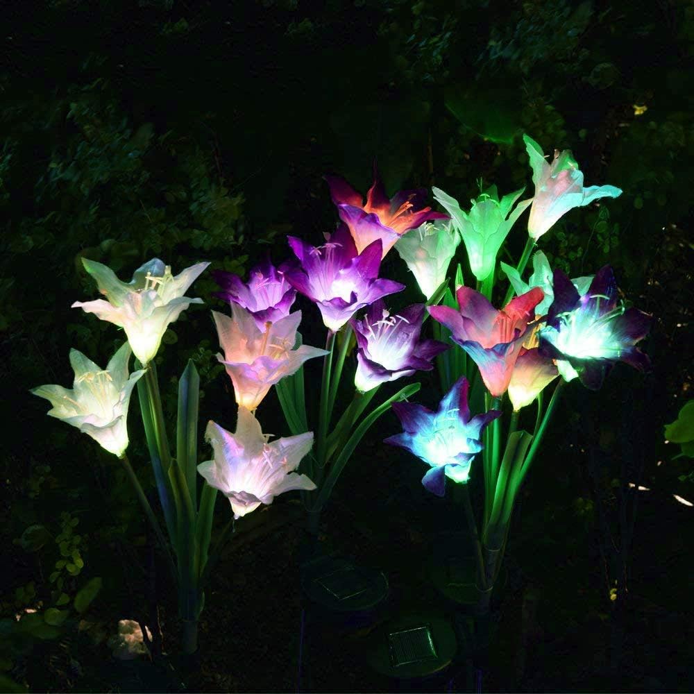 Outdoor Solar Garden Stake Lights - Wohome 2 Pack Solar Flower Lights with 8 Lily Flower, Multi-Color Changing LED Lily Solar Powered Lights for Patio, Yard Decoration - - 