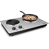 CUSIMAX 1800W Double Hot Plate, Stainless Steel Silver Countertop Burner Portable Electric Double Burners Electric Cast Iron 