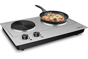CUSIMAX 1800W Double Hot Plate, Stainless Steel Silver Countertop Burner Portable Electric Double Burners Electric Cast Iron Hot Plates Cooktop, Easy to Clean, Upgraded Version C180N