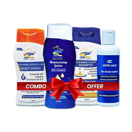 Swim Care Pre Swim and Post Swimming Combo - Body Wash 100ml / Shampoo 100ml / Moisturizer 200ml / Pre Swim Lotion 200ml