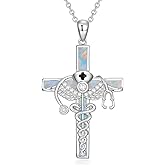 Diamond Nurse RN Necklace Caduceus Angel Wing Necklace 925 Sterling Silver Cross Stethoscope Pendant with White Opal Jewelry Gift for Nurse’s Day Graduation Doctor Medical Student,18+2 inch