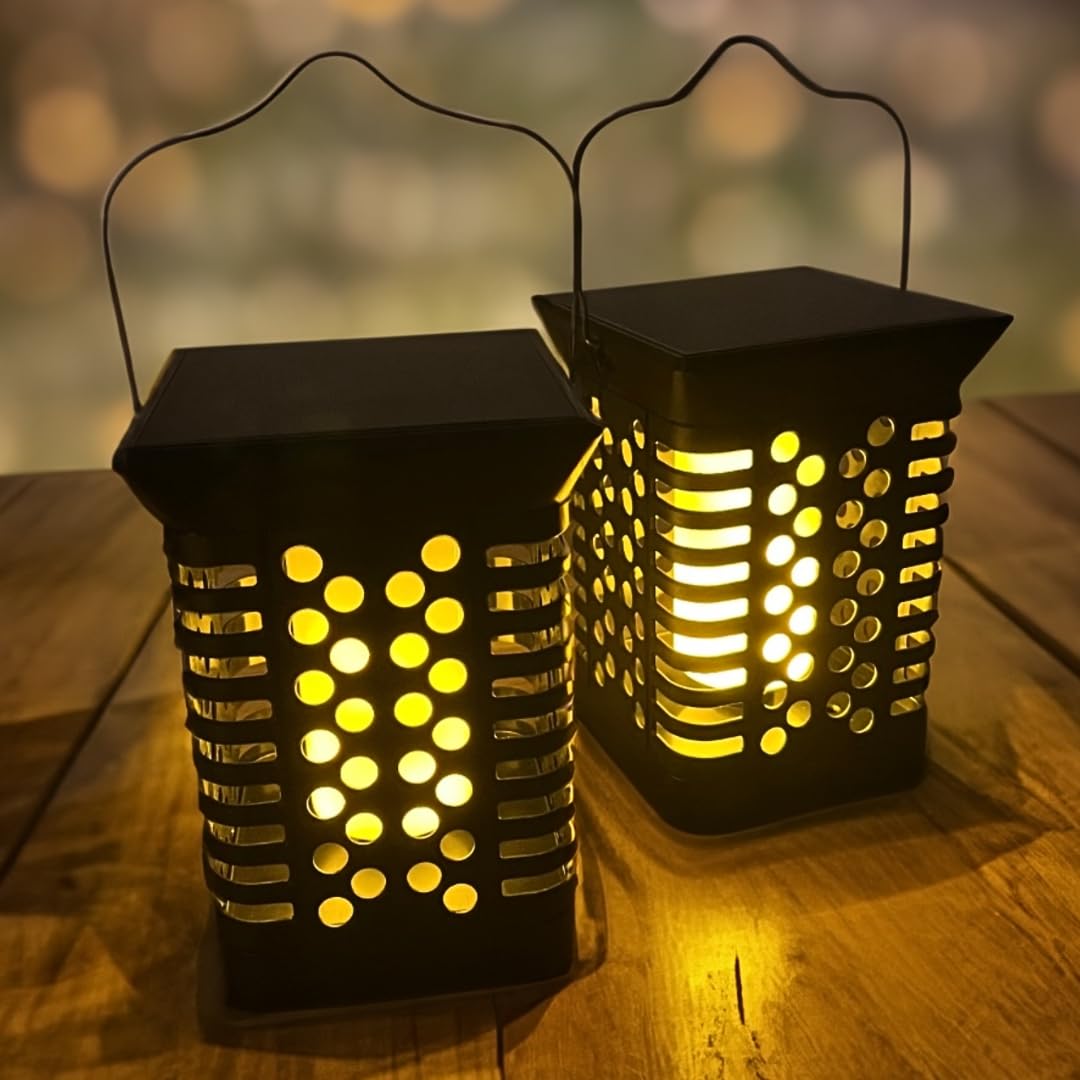 TENECO Solar Flame Lantern Outdoor Hanging Lantern with Realistic Flickering Flame, 75 LED Waterproof Solar Ornaments for Garden, Windows, Pathway, Patio, Driveway, and Landscape Decor (2 Pack)