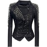 LFS Women's Punk Rivet Motorcycle Jacket Fashion Zipper Asymmetric Studded Perfectly Shaping Faux Leather Biker Coat