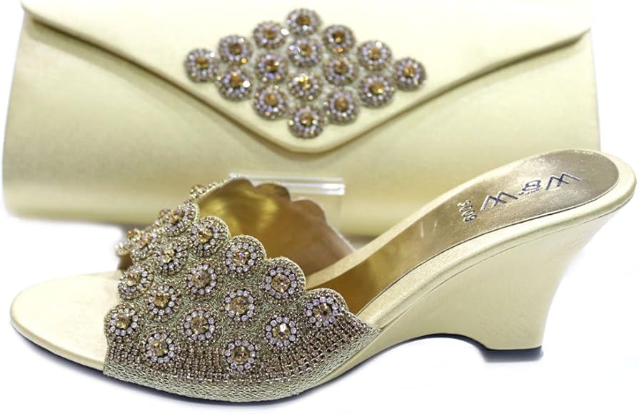 gold satin shoes and bag