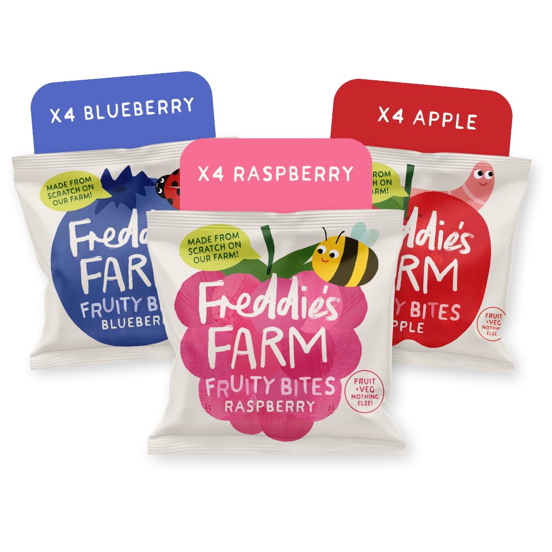 Freddie’s Farm Kids Snacks | Fruit Snacks Multipack - Raspberry, Blueberry, Apple Bites | Lunchbox Snacks For Kids | 100% Fruit & Veg | UPF Free, Recyclable Packs & Made in the UK | 12 x 20g Bags