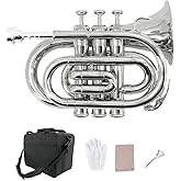 WUQIMUSC Bb Pocket Trumpet &ndash; Mini Brass Instrument for Beginners, Gold Lacquer Finish with 7C Mouthpiece &amp; Case, Ideal for Travel Marching Band Practice ﻿(Silver)