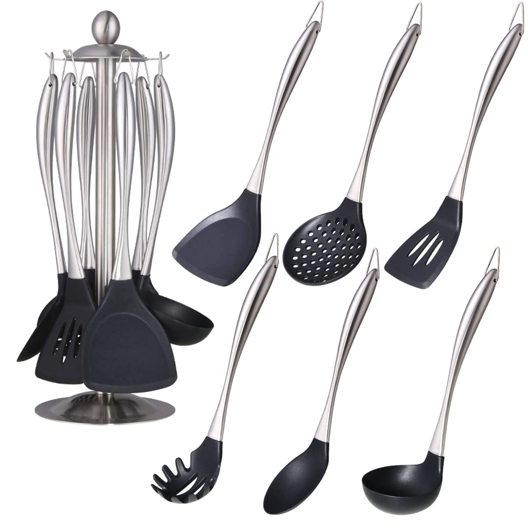 Silicone Cooking Utensil Set, 7 pcs Silicone Cooking Kitchen Utensils Set, Non-Stick Kitchen Cookware Titanium Stainless Steel Handle with Utensil Holder, Spatula Set for Cooking-Silver