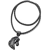 COOLSTEELANDBEYOND Black Horse Head Pendant Necklace for Men Women, Black Leather Necklace Braided