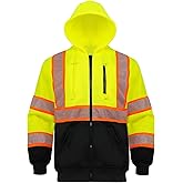 HIS ZEST Hi Vis Hoodie for Men Reflective Safety Sweatshirts High Visibility Class 3 Construction Work Zipper Jackets