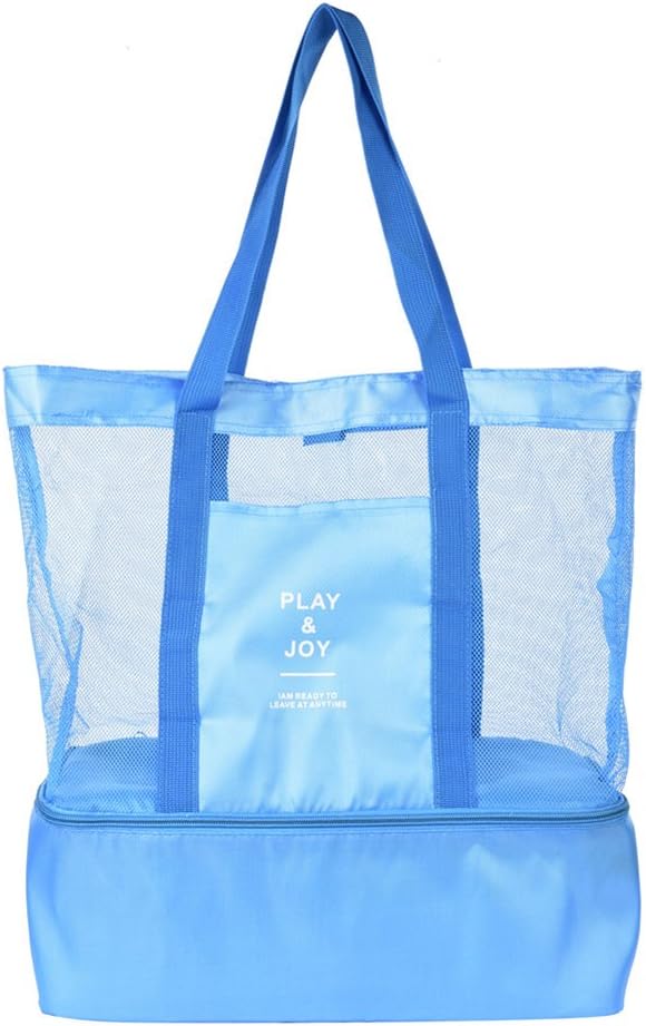Handheld Lunch Bag Mesh Beach Bag Picnic Bag with Insulated Cooler Two-Layer Structure Travel Totes Food Drink Storage