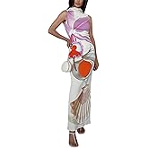 Caviotess Women's Sexy Sleeveless Floral Printed Maxi Dress Ribbed Knit Mock Neck Bodycon Long Dress Cocktail Party Dresses