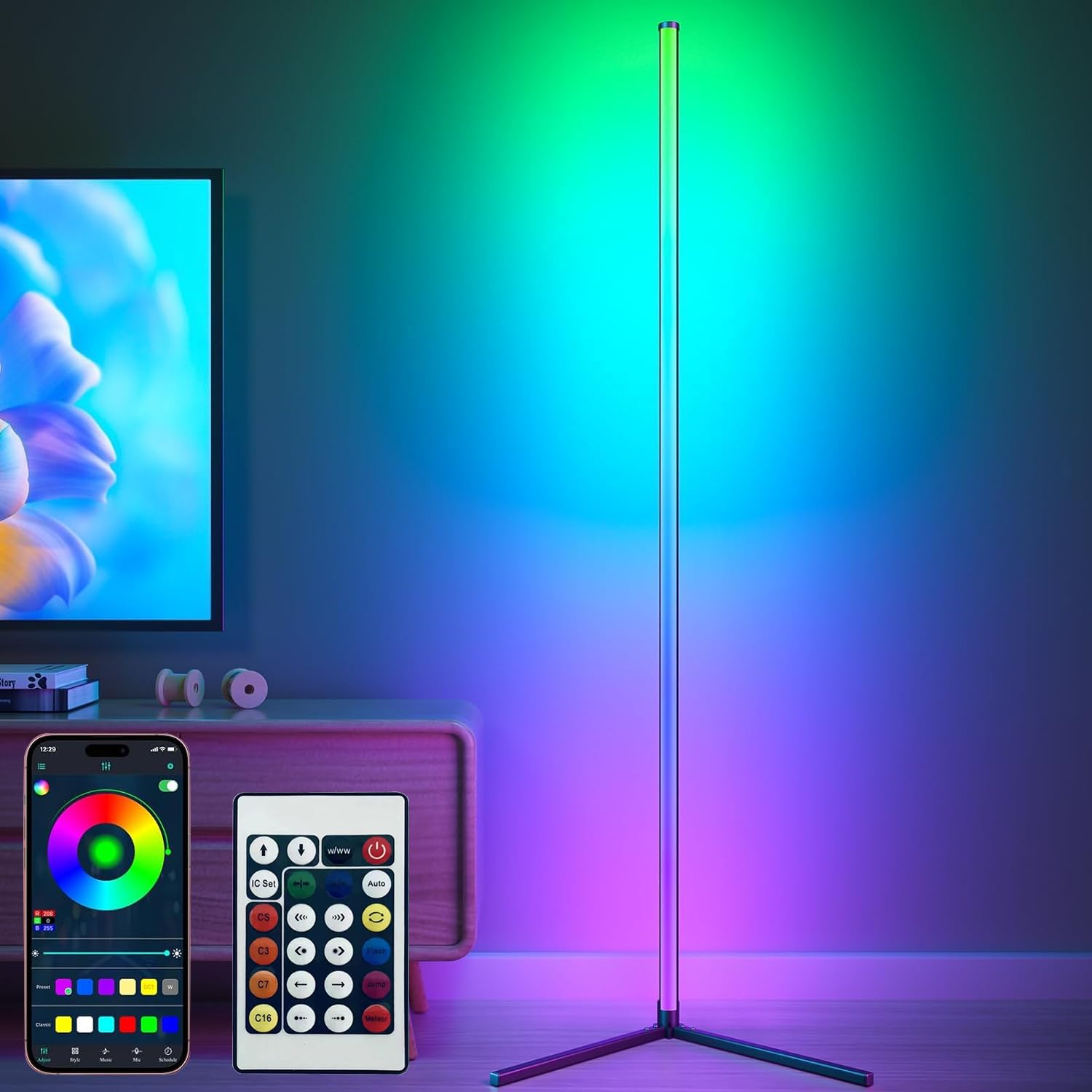 WEITINX Corner Floor Lamp, Smart RGB LED Floor Lamp with App Remote Control, DIY Mode, Timer, 16 Million Colour Changing Standing Lamp, Dimmable Modern Mood Lighting for Living Room, Bedroom