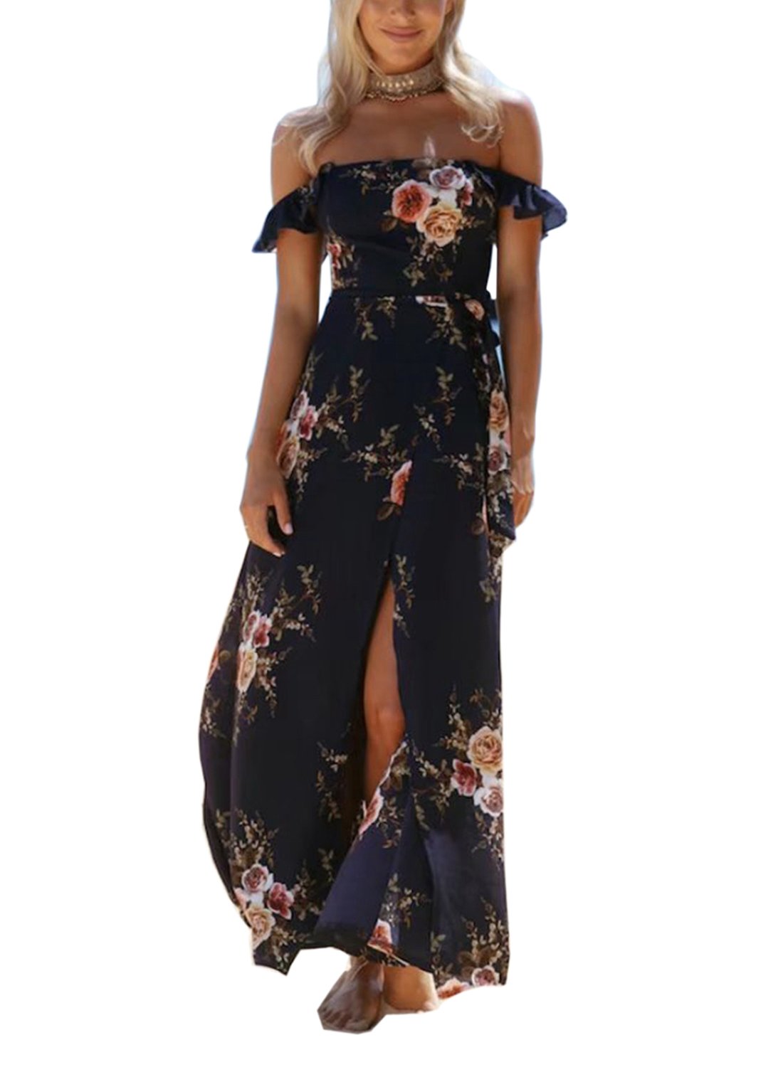 FFLMYUHULIU Women's Off-the-Shoulder Floral Short-Sleeve Long Maxi Dress, C2710zangqingdi, Medium