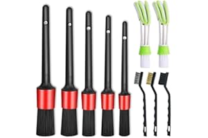 Nurkul 11Pcs Auto Detailing Set, Boar Hair Brushes, Steel Wire & A/C Brushes, Red, Soft Bristles, Wood Handles for Cleaning Interior, Exterior, Leather, 6 Sizes