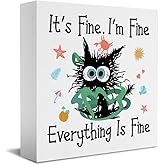 Summerjokes Funny Summer Office Wooden Block Sign - "It's Fine, I'm Fine, Everything Is Fine" with Goofy Black Cat & Seaweed Design, Humorous Desk Decor for Coworkers (5 x 5 x 1.2 Inches)