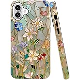 TnXee Case Compatible with iPhone 16,Fall Prevention Bright Hybrid 2-Layer Hard Shell Phone Case for Girls Boys,Stained Glass Bloom Flower