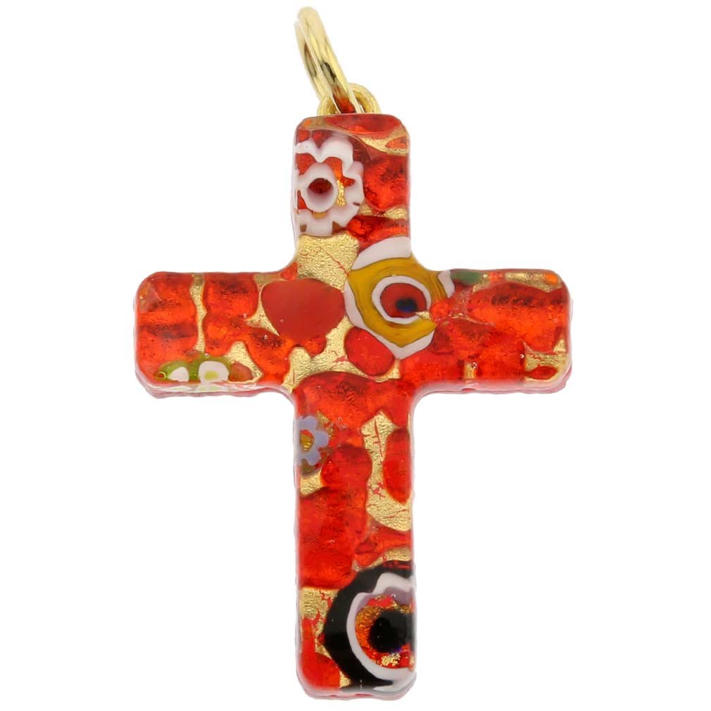 Glass Of Venice Murano Glass Venetian Reflections Cross Pendant - Red Gold