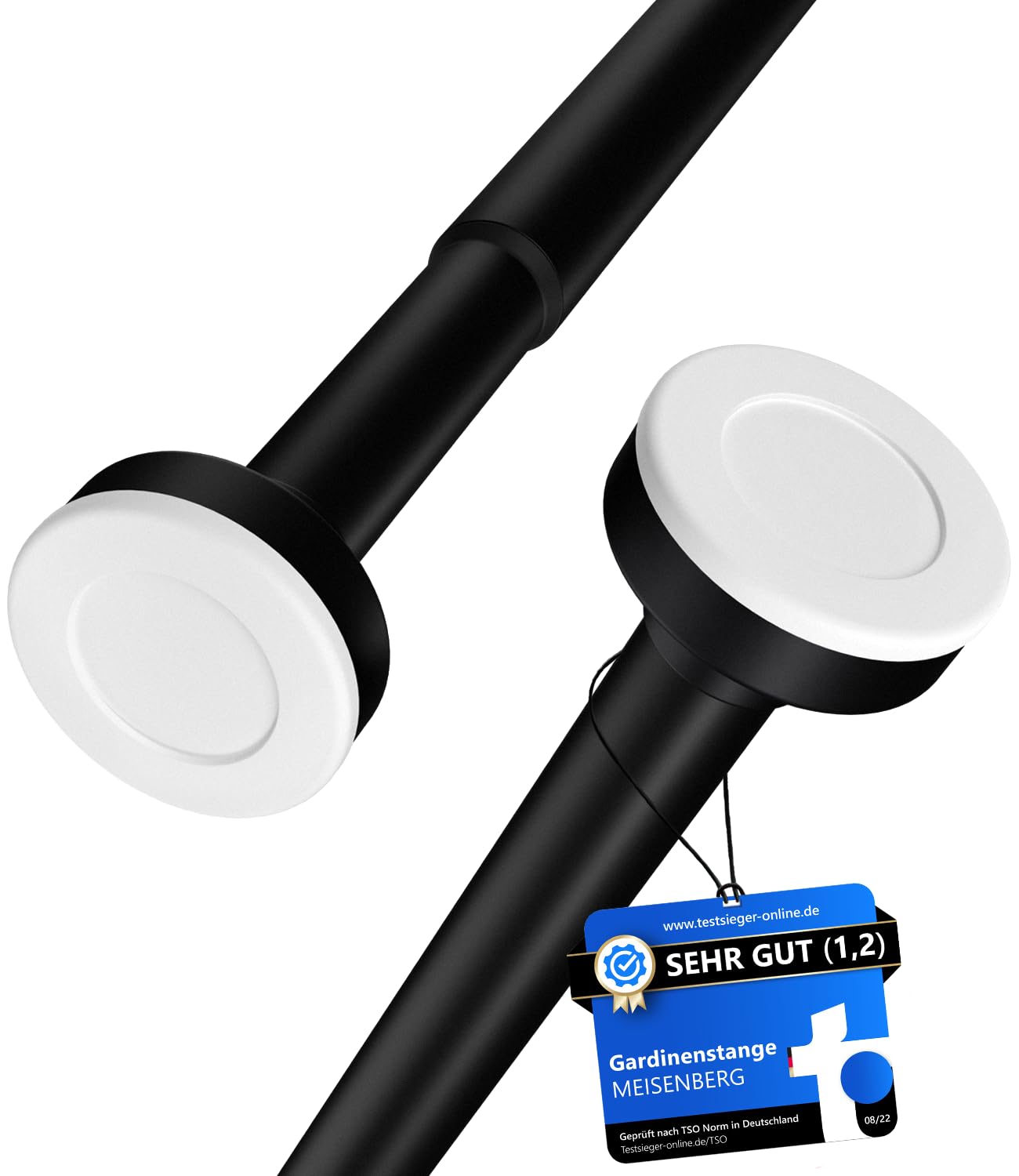 MEISENBERG 2PCS Telescopic Shower Curtain Rail - No Drill Curtain Rod Spring Loaded - Extendable Tension Poles for Curtains, Bathroom, Bedroom, terrace, Wardrobe, Roomdevider – Black, 110-200 cm