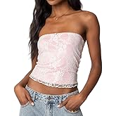 NUFIWI Women Floral Lace Tube Top Sexy Strapless Backless Sheer Bandeau Tops Y2k Frilled Going Out Tank Tops