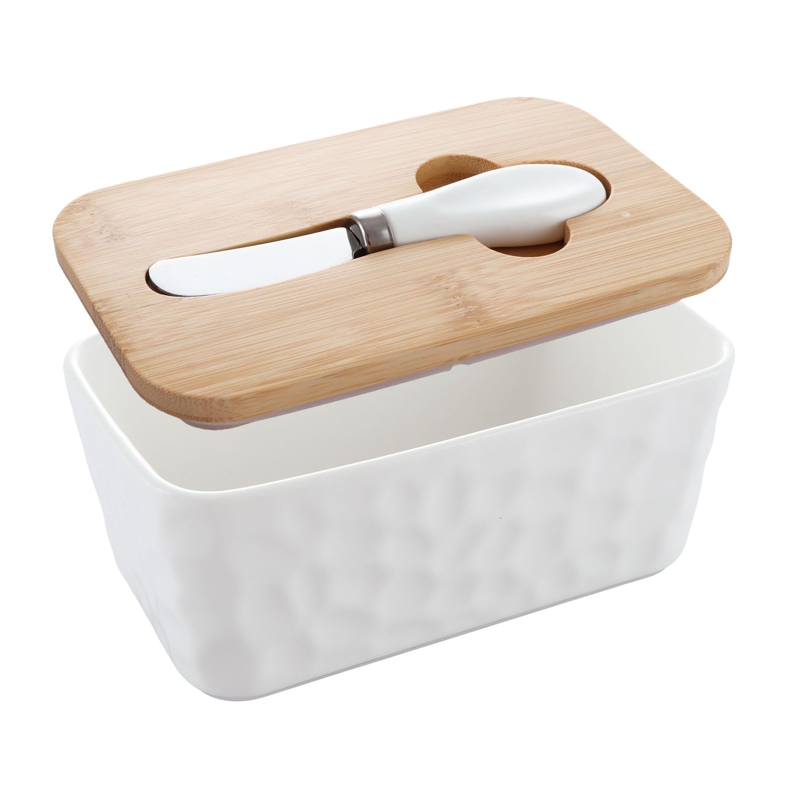 WOPPLXY Butter Dish with Lid - Ceramic White Butter Dish with Lid - Porcelain Large Butter Container Stone Pattern for Butter , Cheese , Storage