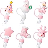 6Pcs Christmas Pink Straw Cover Cap for Stanley Cup 40oz/30oz Tumbler, 10mm Reusable Cute Drinking Straw Topper Accessories, Portable Protector Plugs Decorations Gifts for Party Christmas