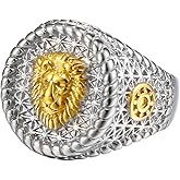 Fachoice Silver Lion Signet Ring for Men Stylish Lion Round Ring, Gold Classic Lion Head Ring Rock Lion Animal Ring Men’s Sparkly Lion Head Jewelry Cool Lion Biker Ring Lion Helm Ring