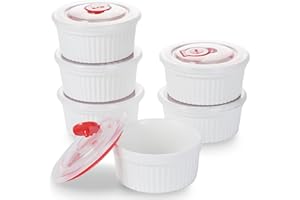 SLJMR 12 oz Ramekins with Lids - 6 pcs Porcelain Ramekins Dishes for Souffle,Creme Brulee, Pudding, Custard Cups,Bakeware Bowls Set for Baking,Oven Safe, White (4.5 inch)