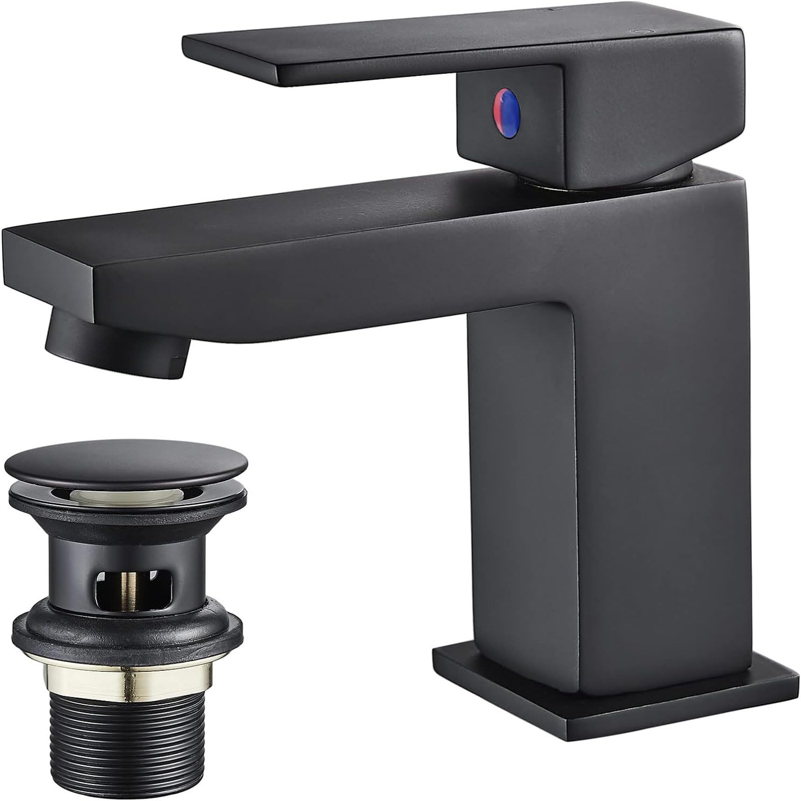 Luckyhome Basin Mixer Tap with Pop up Waste,Washroom Square Single Lever Chrome Brass Mixer Tap（Black）