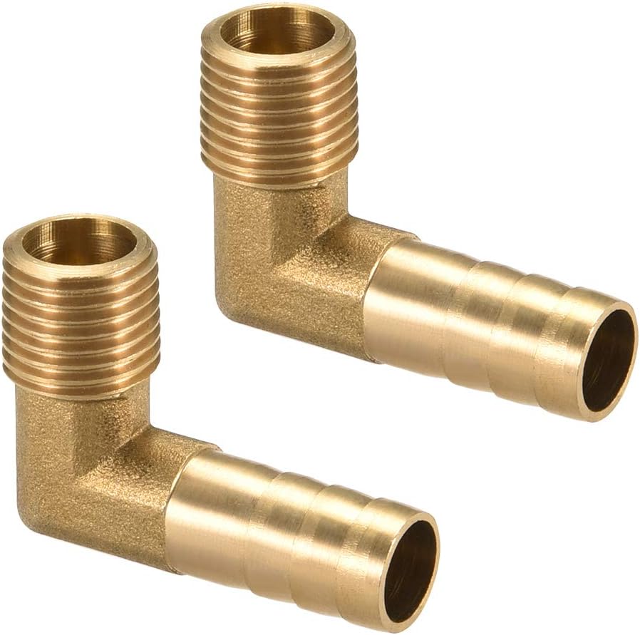 sourcing map Brass Barb Hose Fitting, 90 Degree Elbow 10mm Barbed to 1/4 PT Male Pipe Adapter Connector 2pcs