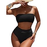 Pink Queen Women's High Waist Bikini Set Removable Strap Bandeau Two Piece Swimsuit Bathing Suit
