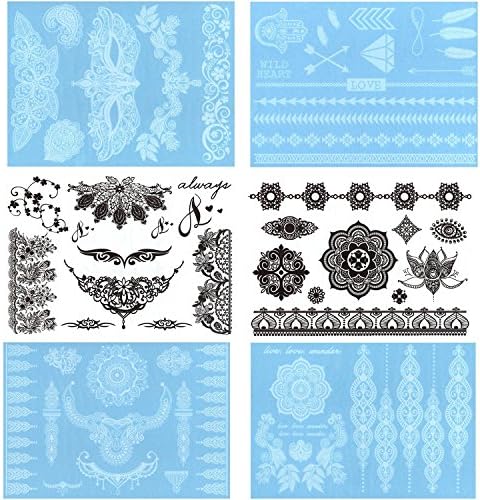 White Metallic Lace Temporary Tattoos| Henna Inspired Jewelry Tattoos -70+ Designs In Mandalas, Hamsas, Arrows, Mask,Flowers,Bracelets,Wrist and Arm Bands 6 sheets set