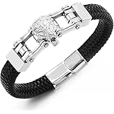 COOLSTEELANDBEYOND Mens Steel Lion Head Motorcycle Bike Chain Black Braided Leather Bangle Bracelet, Magnetic Clasp