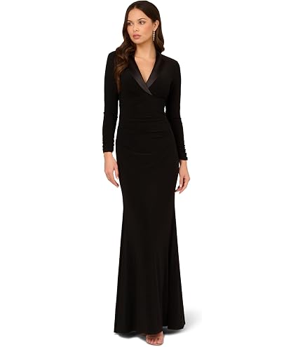 long tuxedo dress for ladies The Chicest Winter Wedding Guest Dresses -Maxi length wrap bodice flanked by a charmeuse collar Tuxedo Gown Dark Blue Lilac