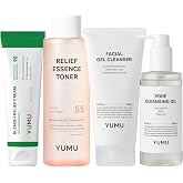 YUMU Glow Essential Set, 4-Step Skincare Routine for Sensitive Skin, Double Cleansing with Cleansing Oil &amp; Cleanser, Essence Toner &amp; Zinc Cream, Korean Skincare