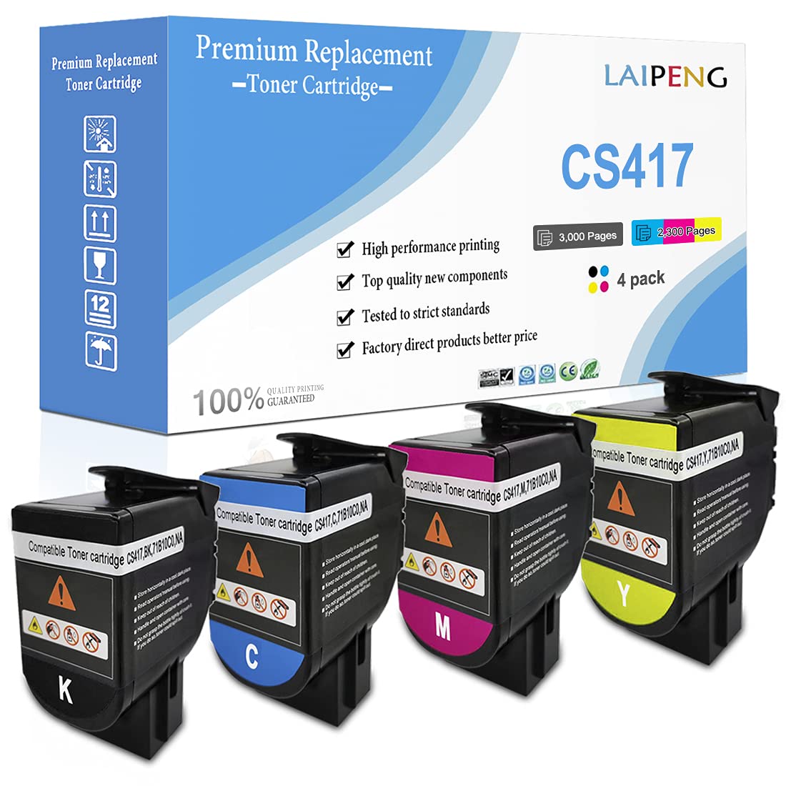4 Colors Compatible Toner Cartridges CS317 CX317 CS417 CX417 CS517 CX517 Standard Capacity 3000 Pages BK, 2300 Pages CMY for Lexmark printer CS317dn CX317dn CS417dn CX417de CS517de CX517de