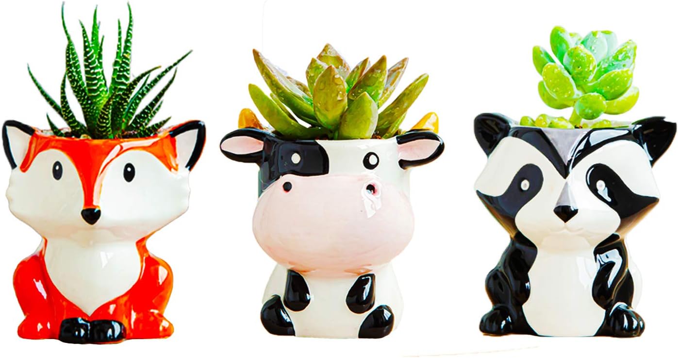3 in Set 2.9 Inch Ceramic Fox, Panda, Cow Plant Pot Succulent Planter Pot