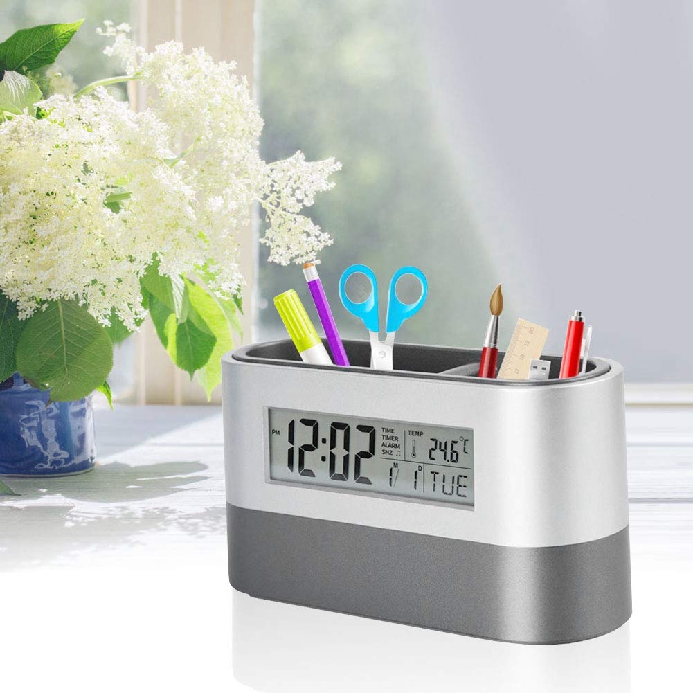 Pilipane Pen Holder, 15.1x4.7x8.1cm, Plastic, Multifunctional Digital Alarm Clock with Snooze Function, Desk Organizer with English Manual for Office Student Adult