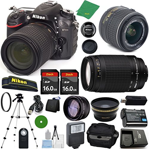 Nikon D7100 - International Version (No Warranty), 18-55mm f/3.5-5.6 DX VR, Nikon 70-300mm f/4-5.6G, 2pcs 16GB Memory, Camera Case, Wide Angle, Telephoto, Flash