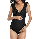 Tempotrek One Piece Maternity Swimsuits - Ruffle Flounce Deep V Neck Monokini