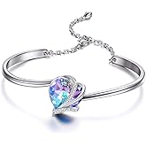 AOBOCO I Love You Jewelry - Sterling Silver Blue Purple Love Heart Bangle Bracelet Embellished with Crystals from Austria, Fine Anniversary Birthday Jewelry Gifts for Women