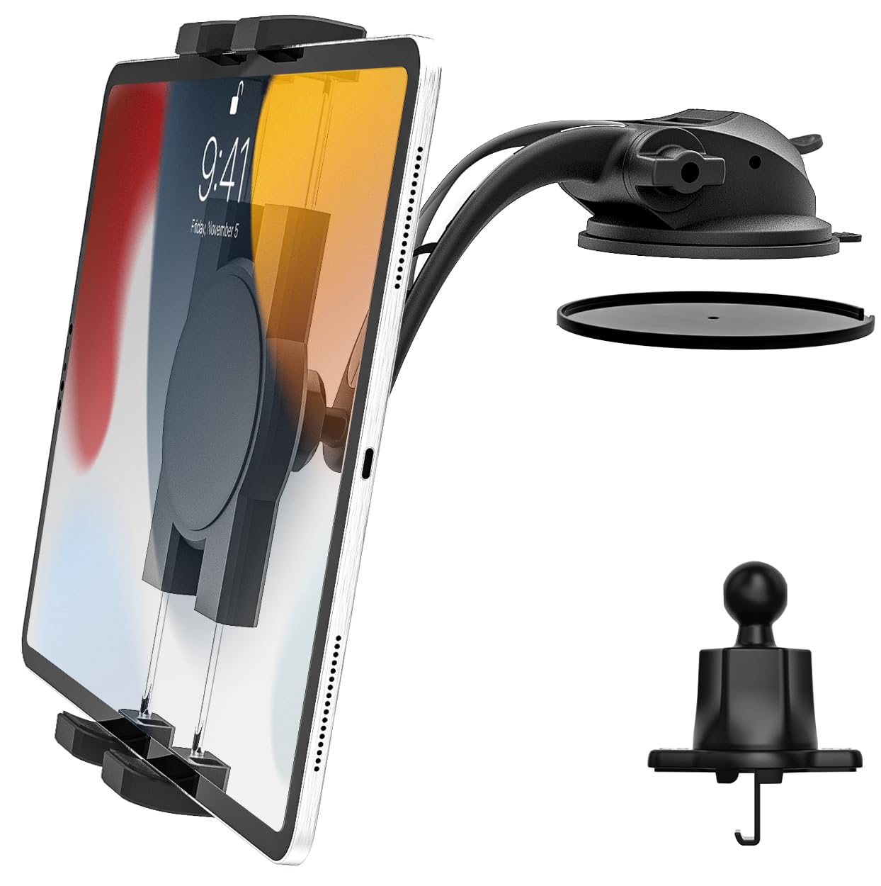 Photo 1 of YOOZ Car Tablet Mount Dashboard Vent, 3-in-1 Car Tablet Holder Windshield Air Vent [Powerful Suction Cup & Adjustable Arm] for 4-12.9" Devices, iPad Pro Air Mini, Galaxy Tabs, Lenovo, Phones