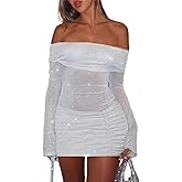 Women Sexy Off Shoulder Bodycon Mini Dress Mesh Sheer Ruched Sparkly Flared Long Sleeve Y2K Dress Club Night Out Dresses